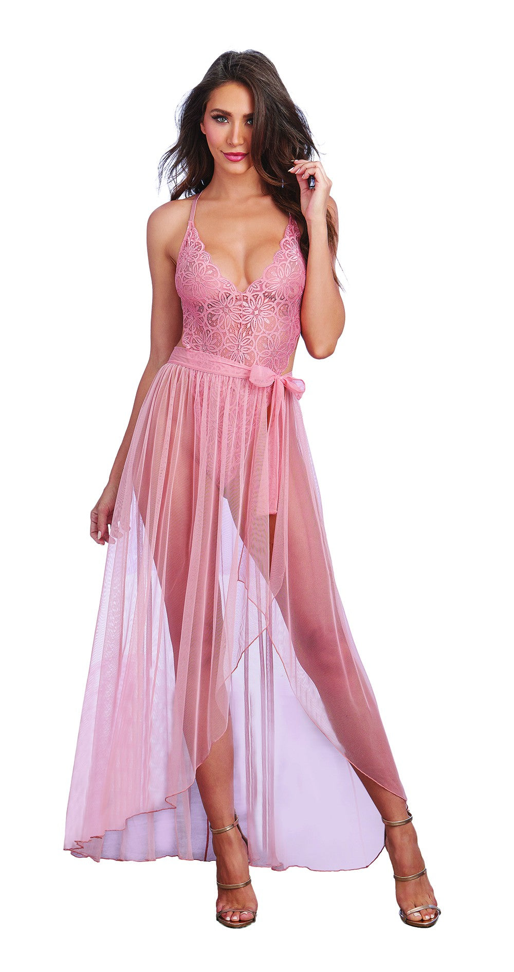 Lingerie Dreamgirl : Body string rose échancré et jupe