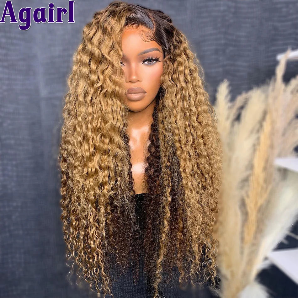 200% Glueless Curly Human Hair Wigs Honey Blonde Brown 13X6 Water Wave Lace Frontal Wig Ombre Blonde Black Wear Go 6X4 Lace Wig